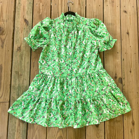 TCEC Green Floral Drop Waist Puffy Sleeve Dress - Button Front - Women's Size L - Picture 1 of 6